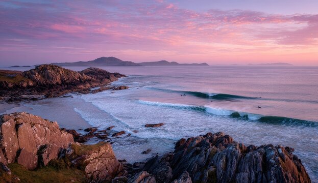 Coastal sunset over waves and islands