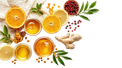 Honey, Citrus Fruits, and Ginger on Black Background