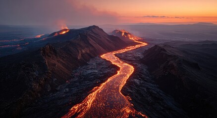 Obraz premium Aerial view of a flowing lava river at sunset