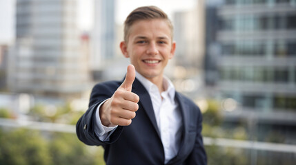 A young boy in a suit gives a thumbs up, showing confidence and success. Positive and bright, this image conveys a sense of achievement.