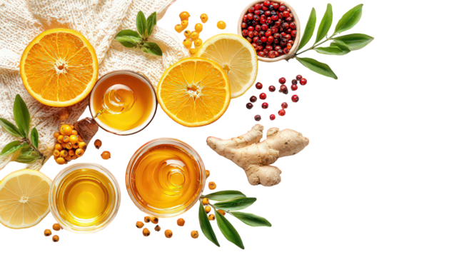 Honey, Citrus Fruits, and Ginger on Black Background