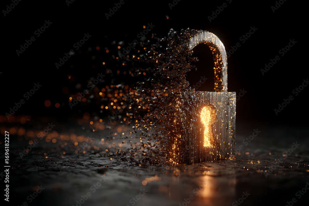 Aufkleber digital padlock dissolving into pixels symbolizing data breach