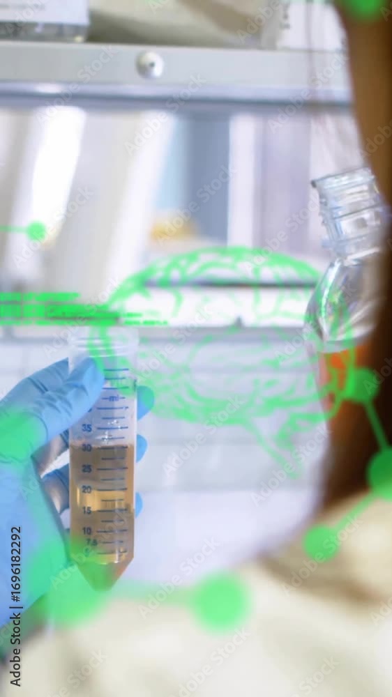 Poster animation of chemical formula and data processing over caucasian female scientist doing experiment