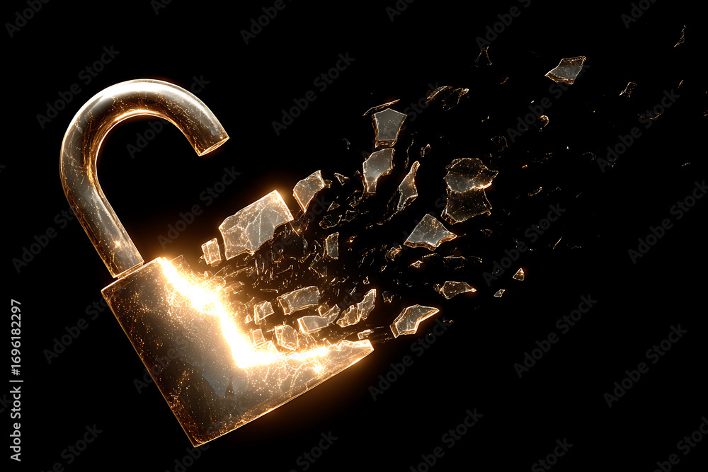 Poster golden padlock breaking and exploding on black background