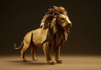 Golden origami lion stands proudly on a dark surface, showcasing intricate paper folds and a majestic presence in a sophisticated presentation.