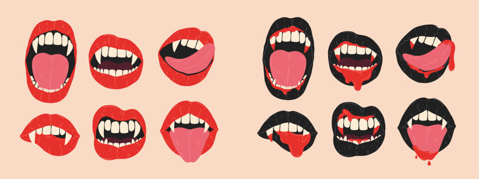 Hand drawn cartoon set of Halloween with vampire open mouth, fangs, tongue. Female red and black lips with long pointed canine teeth and blood. Vintage design for decoration, card, print, invitation