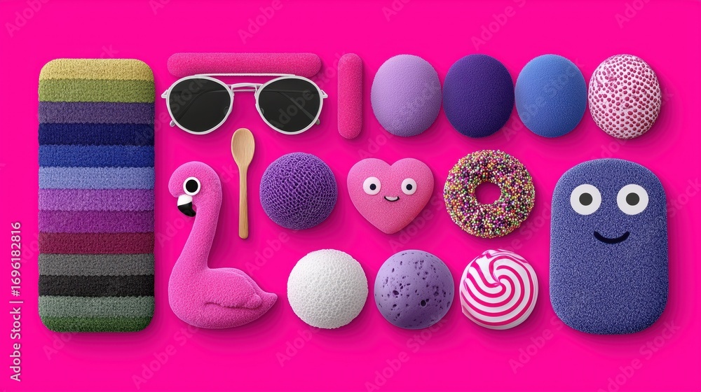Poster vibrant collection of various objects: a dynamic display of diverse, colorful objects against a pink