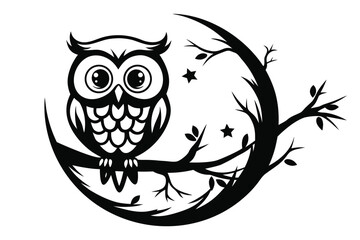 Dark Blue Owl Perched on Branch Near Crescent Moon Against White Background
