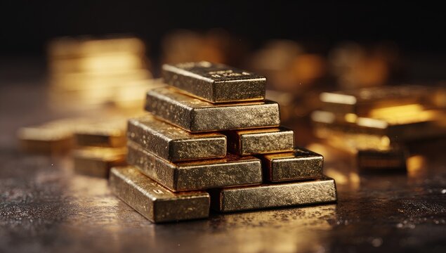 Golden bars pyramid on dark surface