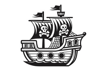 Detailed Black & White Pirate Ship Sailing with Skull and Crossbones
