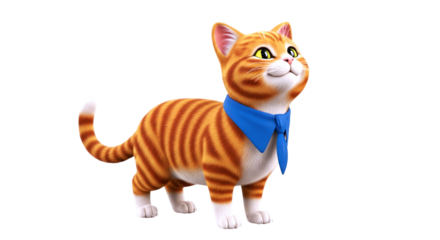 3d model adorable ginger kitten in blue tie, full of curious charm, isolated on transparent background