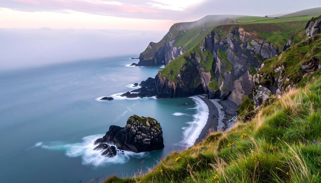 Coastal scene with dramatic cliffs, a pebbled beach, and the expanse of the sea under a soft, dusky sky. Lush green vegetation lines the cliff edges