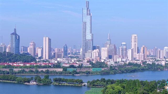 aerial view of Nanjing City downtown by the Xuanwu Lake, China