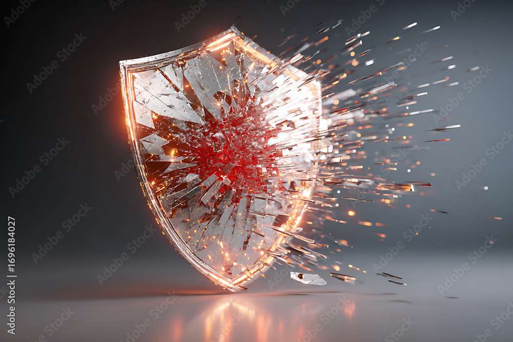 Aufkleber broken shield exploding with glass shards and red glowing center