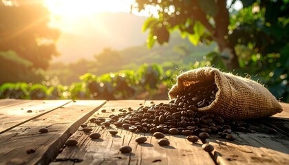 Sun-drenched scene showcases a rustic wooden table with a burlap sack spilling roasted coffee beans. The background features lush green foliage and a bright, out-of-focus mountain range.