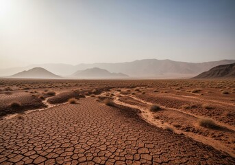 Arid Desert Landscape with Cracked Earth Texture, Mountains in Horizon and Clear Sky
