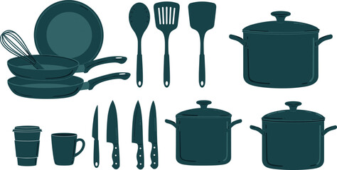 Kitchen utensils and cookware set including knives, pots, pans, spatulas, mugs, and cooking tools, ideal for culinary designs.