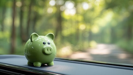 A lime green piggy bank sits atop a dashboard