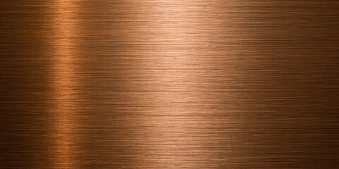 Detailed shot of a brushed copper texture with a bright, reflective stripe, highlighting the linear grain and rich color for use as a design element