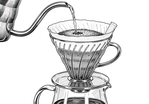 Hand drawn sketch of hot water being poured from a gooseneck kettle into a v60 pour over coffee dripper for brewing fresh coffee
