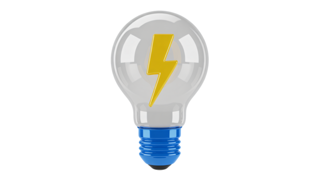 Bright idea concept, yellow lightning bolt inside clear light bulb