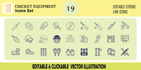 Cricket equipment symbol set line art graphics for sports and game design. Editable Stroke. Set of thin line icon symbol collection group