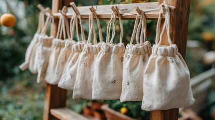 Reusable advent calendars made with cloth bags hung neatly for the Christmas countdown in a festive outdoor setting