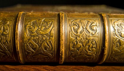 Close-up of antique book spine, gold embossed decorations