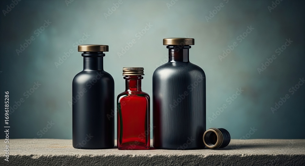 Poster assorted bottles with shiny gold tops still life arrangement on textured stone surface