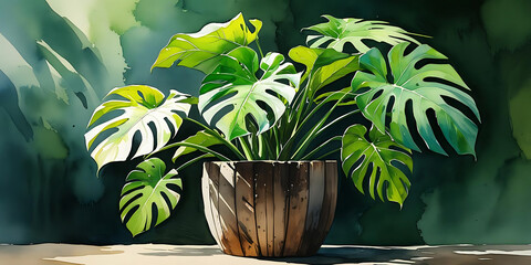 Monstera plant with vibrant large leaves in decorative wooden pot against green backdrop