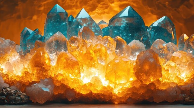 Crystalline Geode Cavern with Glowing Faceted Crystals Illuminating Underground Lake and Ancient Mysterious Machinery