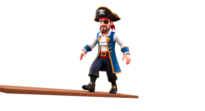 one eyed jacks 3d plank walk a pirates balancing act, cartoonish fun, isolated on transparent background