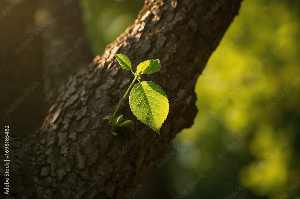 Aufkleber a green leaf with a tiny bud sprouting from a tree limb