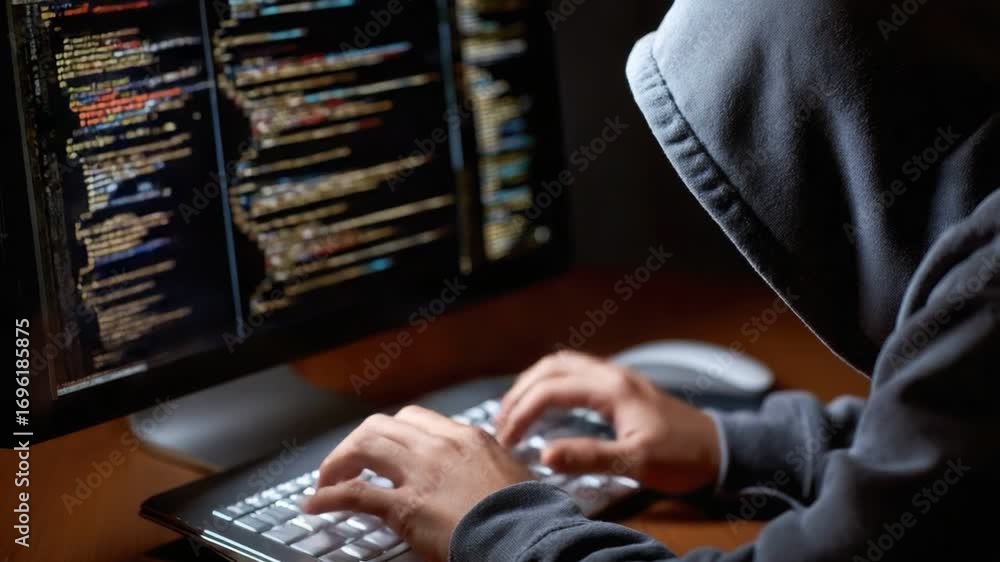 Poster a hooded figure typing on a keyboard with digital code displayed on a screen, representing themes of