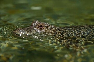 Obraz premium A young crocodile lurking with only its eyes visible above the water while the rest of its body remains submerged
