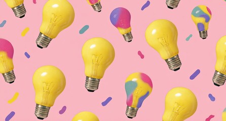Colorful light bulbs scattered on a pink background