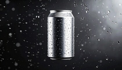 Chilled and refreshing silver aluminum soda can covered in condensation and water droplets with splashing liquid against a dark, dramatic background