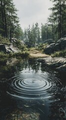 Forest path reflecting in a tranquil puddle