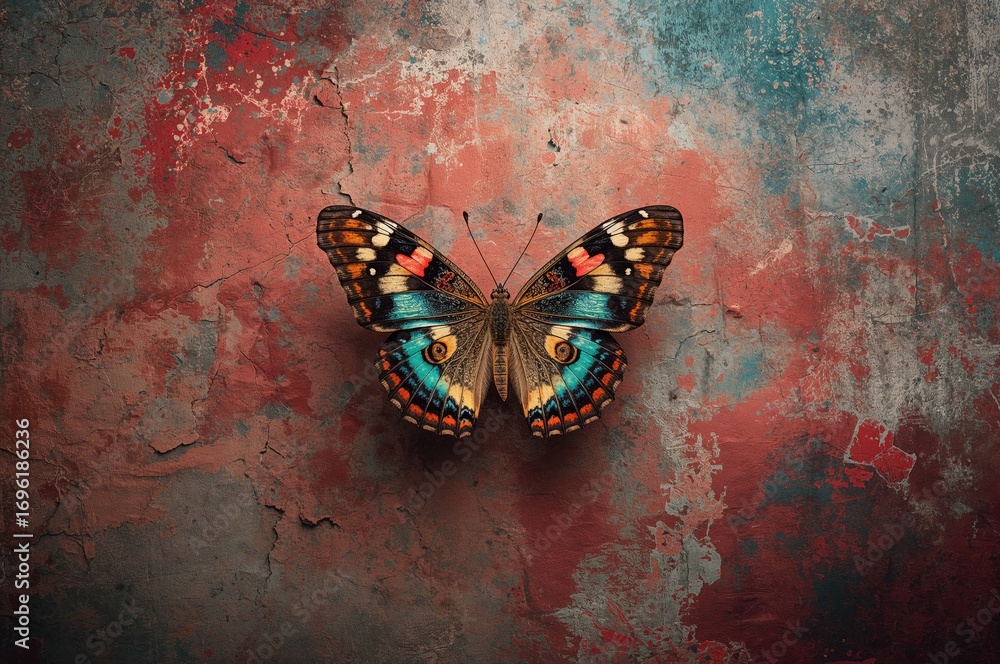 Poster a vibrant insect perched on a weathered concrete surface with a red painted backdrop, showcasing abs