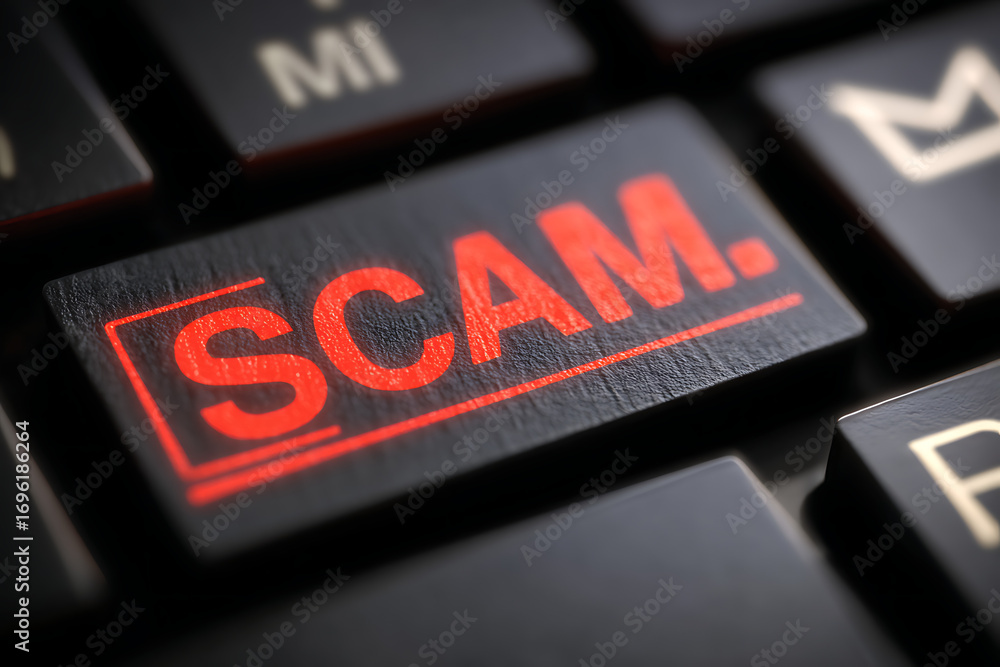 Aufkleber scam alert highlighted on computer keyboard key