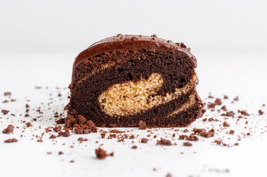 A slice of marbled vanilla and chocolate cake with crumbs scattered on a plain white surface