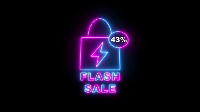 Neon flash sale shopping bag icon with 43 percent discount on black background image photo