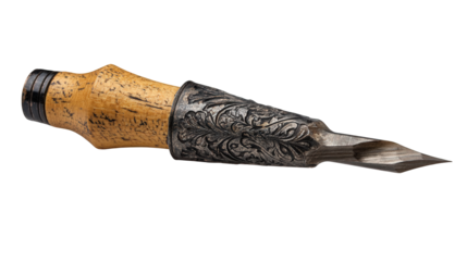 Intricate Wood and Metal Carving Tool with Ornate Handle