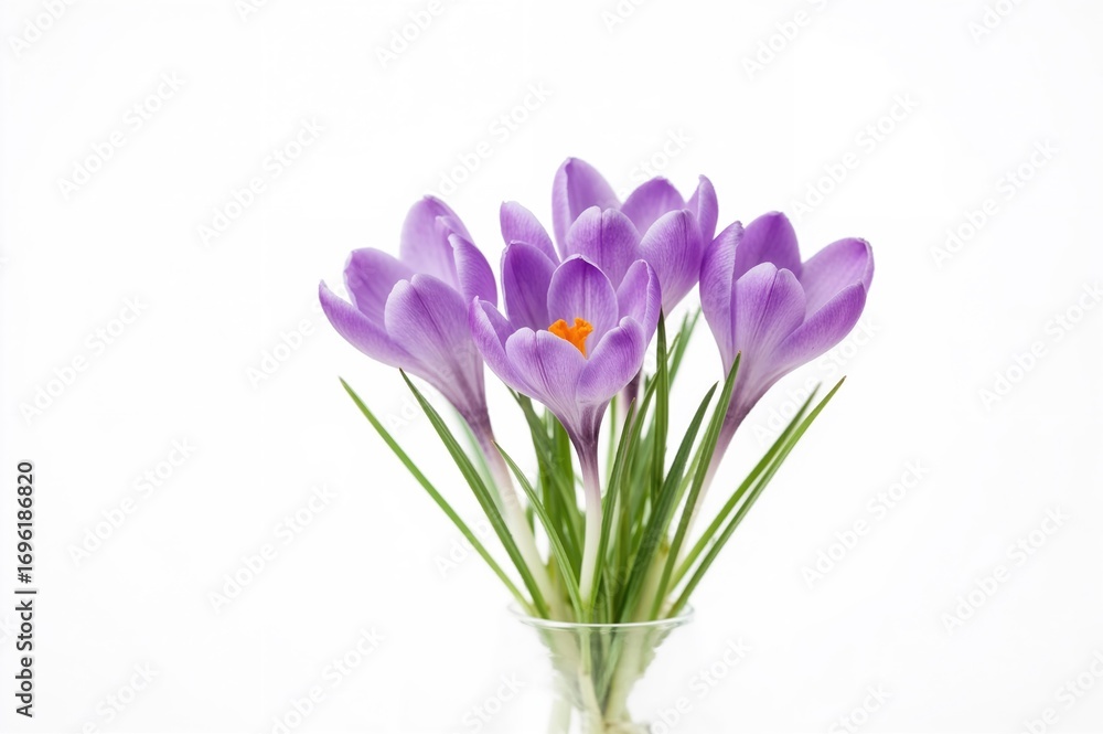 Poster cluster of violet crocus flowers set against a plain white backdrop with a gentle blur.