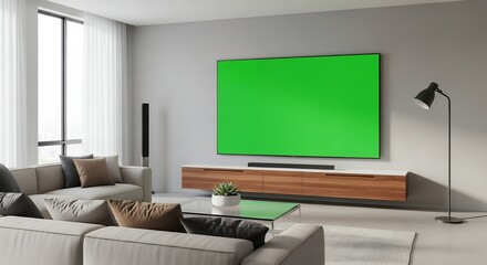 Modern Living Room with Green Screen TV Mockup Interior Design, Home Decor, Chroma Key