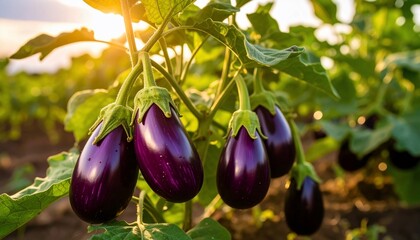 Freshly Grown Eggplants Hanging on the Plant Under the Bright Sunlight