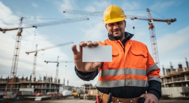 Construction Worker Holding Blank Business Card at Site