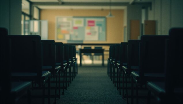 A lineup of empty black seats in a training room setting, symbolizing vacant classrooms due to the pandemic.