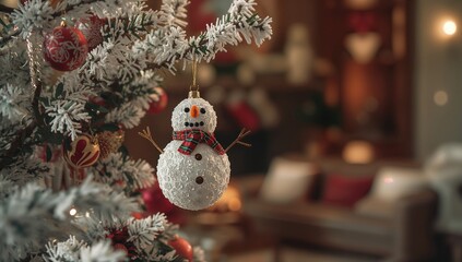 A snowman decoration dangling from a festive tree covered in white