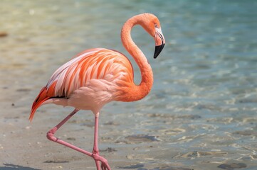 A pink flamingo balances elegantly on a single leg, showcasing its vivid plumage and distinctive curved beak.